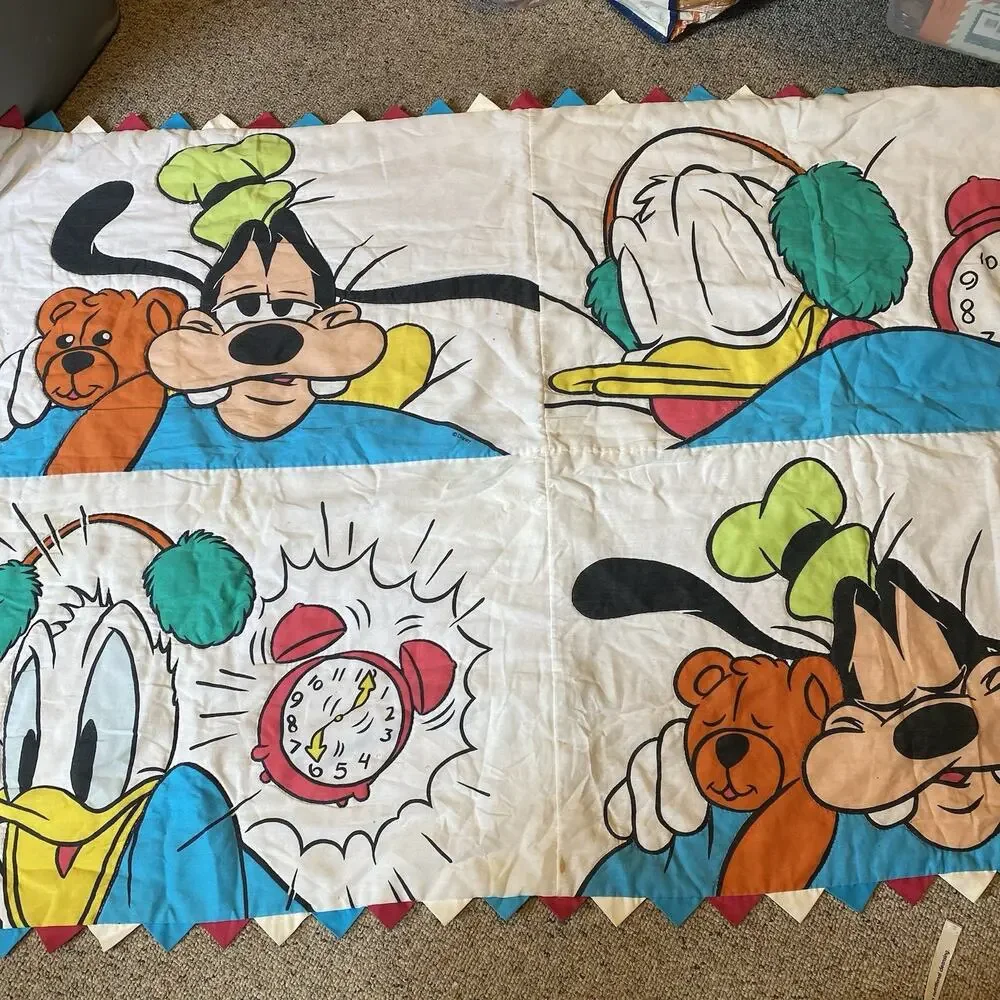 Vintage Disney Baby Crib Blanket Quilted Donald Goofy Alarm Clock Teddy 54”x36”
